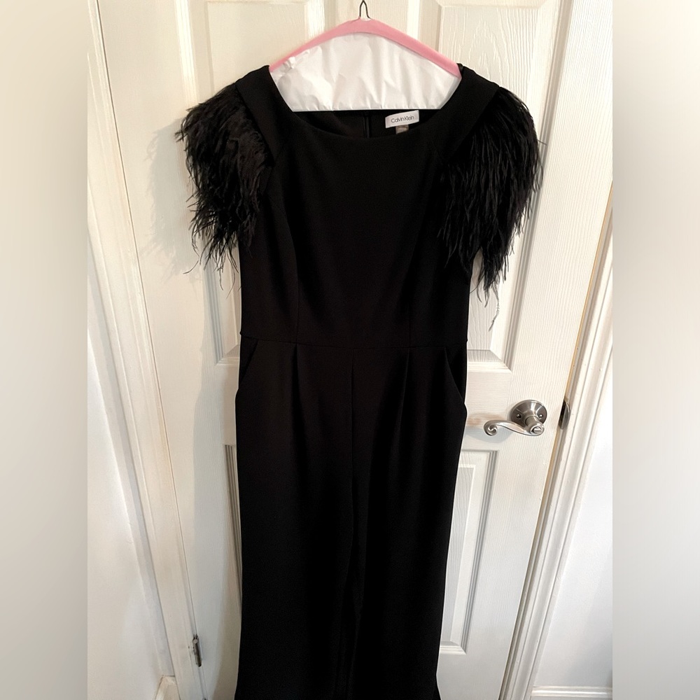 Calvin Klein formal jumpsuit w feather detail.